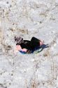 A young girl sledding on a snow covered hill in Idaho. MR
