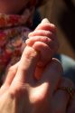 Baby daughter holding her mother's finger. MR