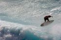 Surfing on waves in the pacific ocean off the island of Maui, Hawaii.