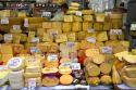 Varieties of cheese for sale at the Mercado Municipal in Sao Paulo, Brazil.