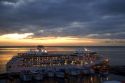 A cruise ship Seven Seas Mariner at sunset docked in Manaus, Brazil.