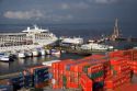 Cruise ships and containers on the Rio Negro at the port in Manaus, Brazil.