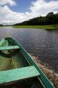 The bow of a dugout canoe on the Arasa River in the Amazon jungle near Manaus, Brazil.