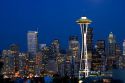 A view of the Space Needle and the city of Seattle, Washington at night.