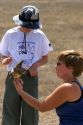 Wildlife biologist showing a fledgling burrowing owl to an 11 year old boy near Mountain Home, Idaho.