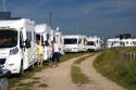 European caravans parked in a line at the village of Barfleur in the region of Basse-Normandie, France.