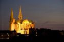 The Cathedral of Our Lady of Chartres at night in Chartres in the region of Centre, France.