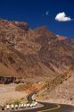 Highway along the Mendoza River in the Andes Mountain Range west of Upsallata, Argentina.
