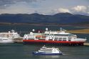 Hurtigruten's Fram Cruise Ship docked in the bay at Ushuaia on the island of Tierra del Fuego, Argentina.