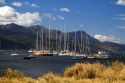 Sailboats  in the bay at Ushuaia on the island of Tierra del Fuego, Argentina.