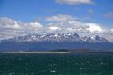 View of snowy peaks of the Dientes de Navarino in Chile from Ushuaia, Argentina.