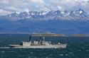 Argentine Navy frigate in the Beagle Channel near Ushuaia, Argentina.