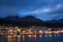 The harbor and city of Ushuaia at dusk on the island of Tierra del Fuego, Argentina.