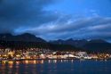 The harbor and city of Ushuaia at dusk on the island of Tierra del Fuego, Argentina.