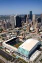 Aerial view of Minute Maid Park and downtown Houston, Texas.