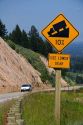 10% grade road sign atop the high mountain Teton Pass on Wyoming Highway 22 near the state border of Wyoming and Idaho.