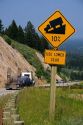 10% grade road sign atop the high mountain Teton Pass on Wyoming Highway 22 near the state border of Wyoming and Idaho.