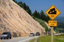 10% grade road sign atop the high mountain Teton Pass on Wyoming Highway 22 near the state border of Wyoming and Idaho.