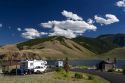 RV camping at the Joe T. Fallini BLM campground on Macay Reservoir below the Lost River Range in central Idaho.