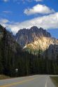 Washington State Highway 20 below a rocky mountain peak in the North Cascade Range, Washington.