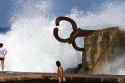 Water spraying from a blowhole in La Concha Bay in the city of Donostia-San Sebastian, Guipuzcoa, Basque Country, Northern Spain.