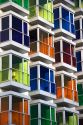 Colored glass windows of the Hesperia Bilbao Hotel in the old quarter of the city of Bilbao, Biscay, Basque Country, northern Spain.