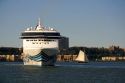 Norwegian Spirit cruise ship departing New York City on the Hudson River, New York, USA.