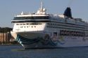 Norwegian Spirit cruise ship departing New York City on the Hudson River, New York, USA.