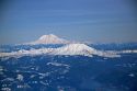 Aerial view of Mount Rainier and Mount St. Helens in Washington, USA.