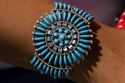 Turquoise bracelet crafted and worn by a Navajo Indian woman from Arizona, USA. MR