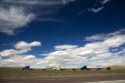 Long haul trucks traveling on Interstate 80 in Carbon County, Wyoming, USA.