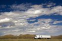 Long haul truck traveling on Interstate 80 in Carbon County, Wyoming, USA.