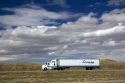 Long haul truck traveling on Interstate 80 in Carbon County, Wyoming, USA.