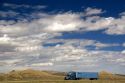 Long haul truck traveling on Interstate 80 in Carbon County, Wyoming, USA.