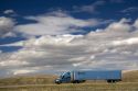 Long haul truck traveling on Interstate 80 in Carbon County, Wyoming, USA.