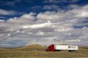 Long haul truck traveling on Interstate 80 in Carbon County, Wyoming, USA.