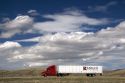 Long haul truck traveling on Interstate 80 in Carbon County, Wyoming, USA.