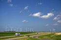 Wind turbines of the Smoky Hills Wind Farm along Interstate 70 in Ellsworth County, Kansas, USA.