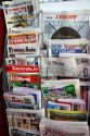 French language newspapers at an airport newsstand in Nice, France.