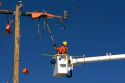 Lineworkers doing electric powerline construction in Camas County, Idaho, USA.