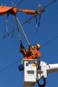Lineworkers doing electric powerline construction in Camas County, Idaho, USA.