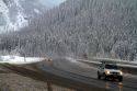 Winter weather at the Snoqualmie Pass summit along Interstate 90 through the Cascade Range in Washington, USA.