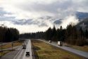 Fog and low clouds over the Cascade Range along Interstate 90 near Ellensburg, Washington, USA.