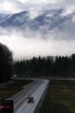 Fog and low clouds over the Cascade Range along Interstate 90 near Ellensburg, Washington, USA.