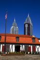 Interior of Fort Conde with downtown Mobile in the background, Alabama, USA.