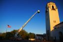 Firetruck testing 100 foot aerial ladder at the Boise Union Pacific Depot in Boise, Idaho, USA.