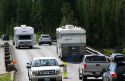 Tourism traffic at Fishing Bridge in Yellowstone National Park, Wyoming, USA.