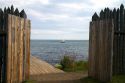 Grand Portage footpath with a replica sailing canoe in the distance at the Grand Portage National Monument on the north shore of Lake Superior in northeastern Minnesota, USA.