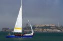Blue Water Foundation sailboat teaching children how to sail near Alcatraz Island in the San Francisco Bay, California, USA.