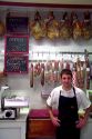 Butcher shop at Puente La Reina a Basque town along the Way of St. James pilgrimage route, Navarra, Spain.